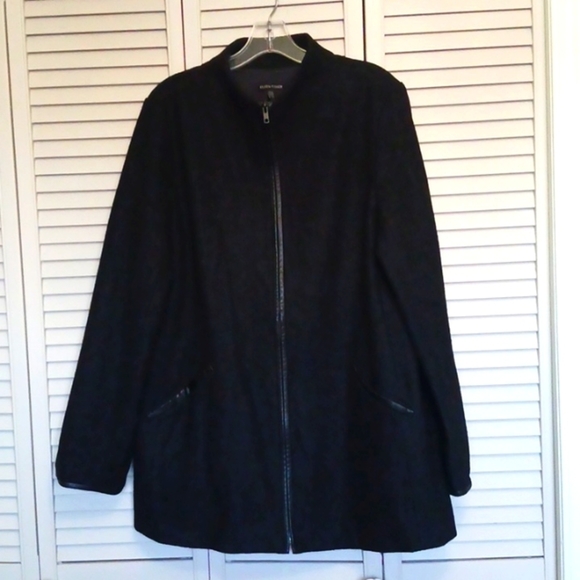 EILEEN Fisher Wool Blend Leather Trim Jacket, Size Large - Picture 2 of 13